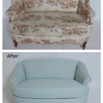 Reupholstered Loveseat in Baby Blue Fabric with White Piping