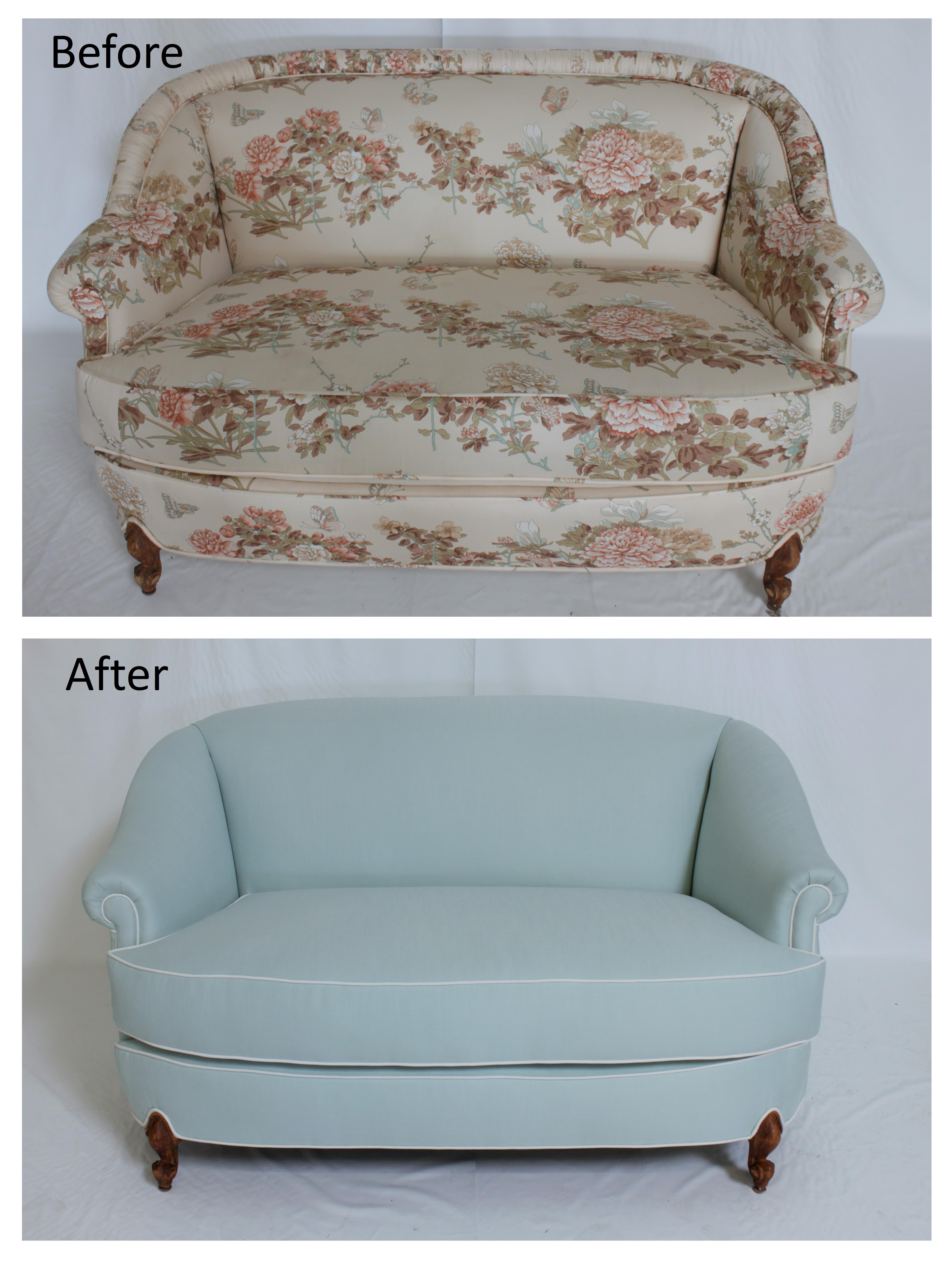 Reupholstered Loveseat in Baby Blue Fabric with White Piping