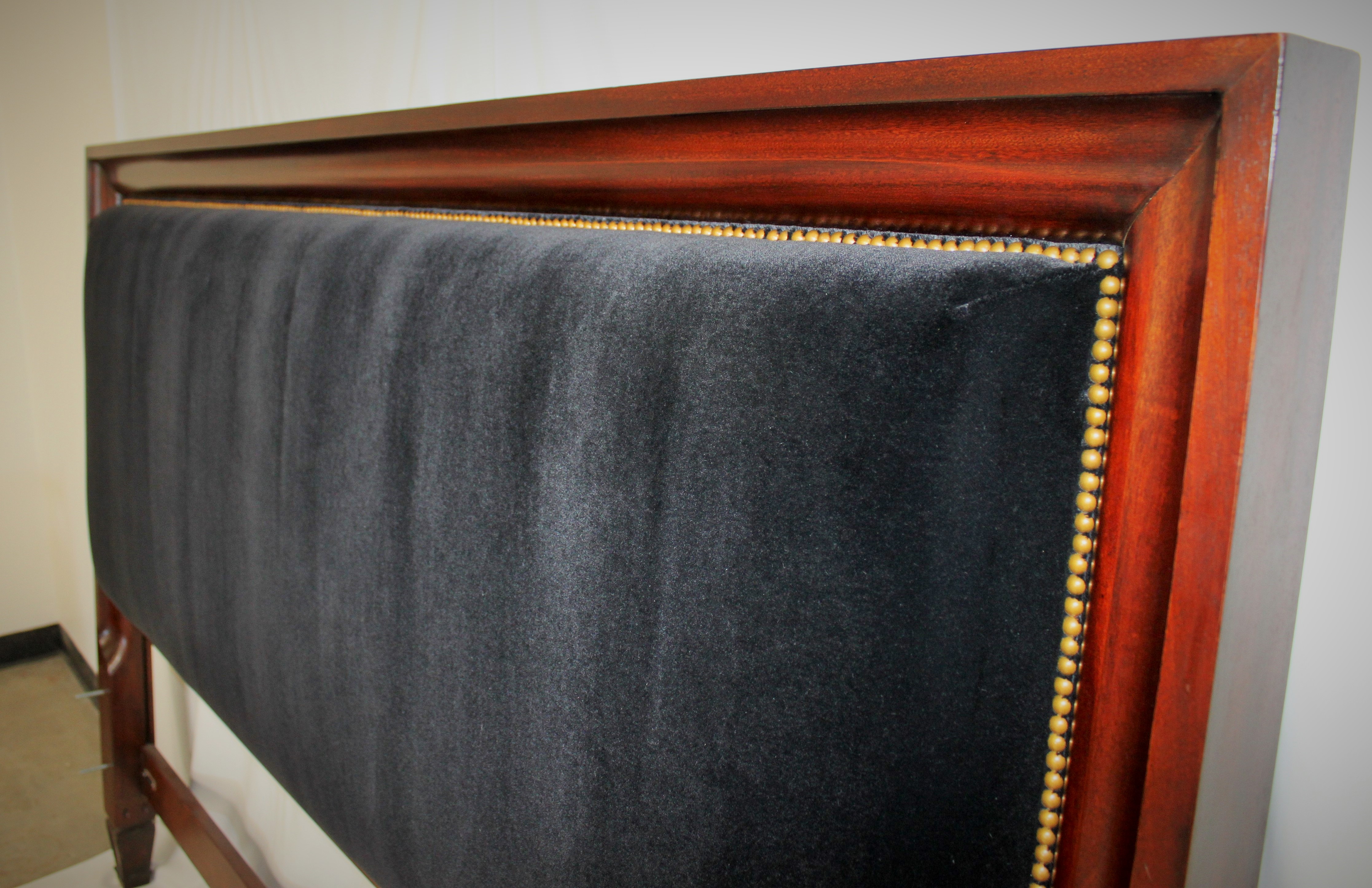 Reupholstered Headboard Wrapped in Mohair with Decorative Nail Heads